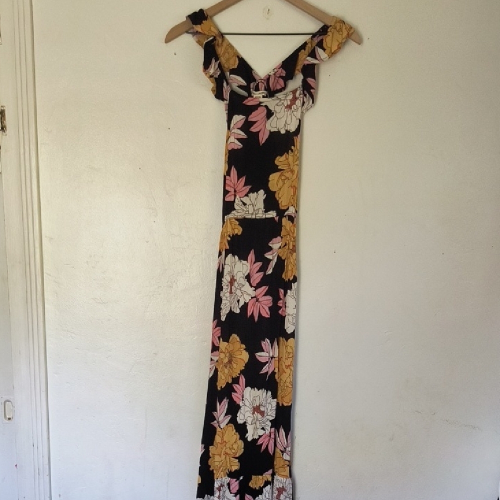 Billabong Floral Black Pink Yellow Sleeveless Gauzey Midi Dress Sz Large Women
